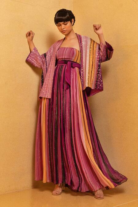 Nikita Mhaisalkar_Maroon Georgette Lurex Bandeau Striped Dress _Online_at_Aza_Fashions