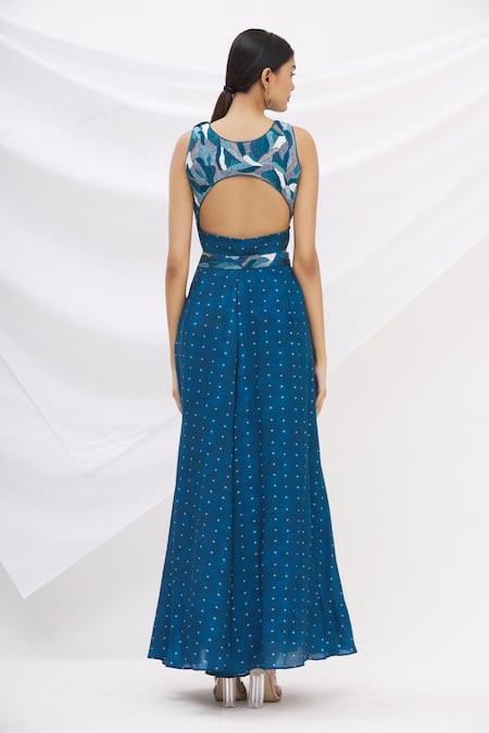 Shop 17:17 By Simmi Saboo Blue Cotton Silk Embroidery Round Crop Top And Bandhani Gharara Set at Aza Fashions Shop_17:17 By Simmi Saboo_Blue Cotton Silk Embroidery Round Crop Top And Bandhani Gharara Set _at_Aza_Fashions