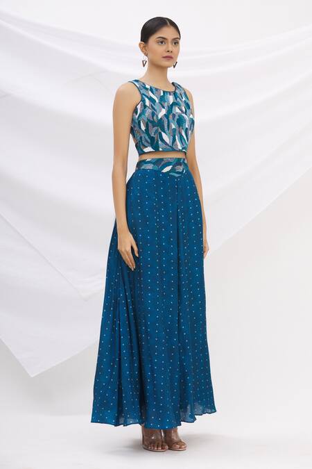 17:17 By Simmi Saboo Blue Cotton Silk Embroidery Round Crop Top And Bandhani Gharara Set Online at Aza Fashions 17:17 By Simmi Saboo_Blue Cotton Silk Embroidery Round Crop Top And Bandhani Gharara Set _Online_at_Aza_Fashions