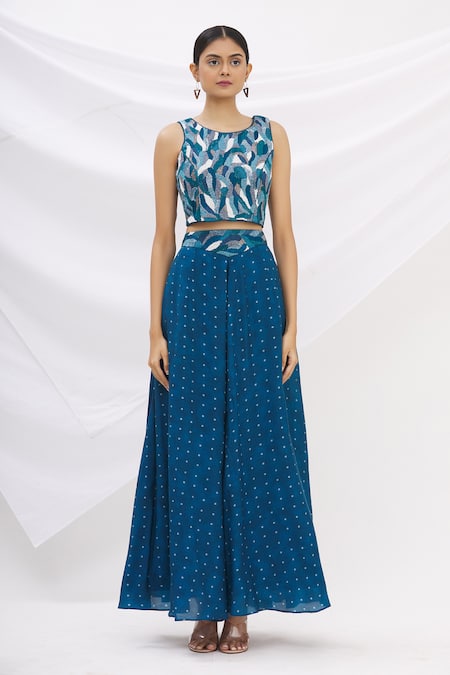 Buy 17:17 By Simmi Saboo Blue Cotton Silk Embroidery Round Crop Top And Bandhani Gharara Set Online at Aza Fashions Buy_17:17 By Simmi Saboo_Blue Cotton Silk Embroidery Round Crop Top And Bandhani Gharara Set _Online_at_Aza_Fashions