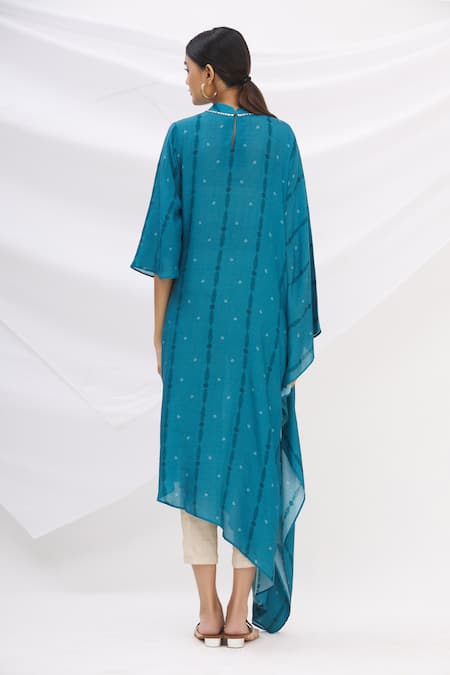 Shop 17:17 By Simmi Saboo Blue Cotton Silk Embroidery Stand Collar Draped Kaftan Kurta at Aza Fashions Shop_17:17 By Simmi Saboo_Blue Cotton Silk Embroidery Stand Collar Draped Kaftan Kurta _at_Aza_Fashions