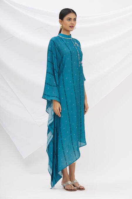 17:17 By Simmi Saboo Blue Cotton Silk Embroidery Stand Collar Draped Kaftan Kurta Online at Aza Fashions 17:17 By Simmi Saboo_Blue Cotton Silk Embroidery Stand Collar Draped Kaftan Kurta _Online_at_Aza_Fashions