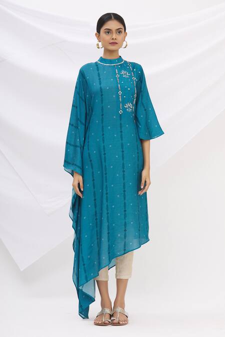 Buy 17:17 By Simmi Saboo Blue Cotton Silk Embroidery Stand Collar Draped Kaftan Kurta Online at Aza Fashions Buy_17:17 By Simmi Saboo_Blue Cotton Silk Embroidery Stand Collar Draped Kaftan Kurta _Online_at_Aza_Fashions