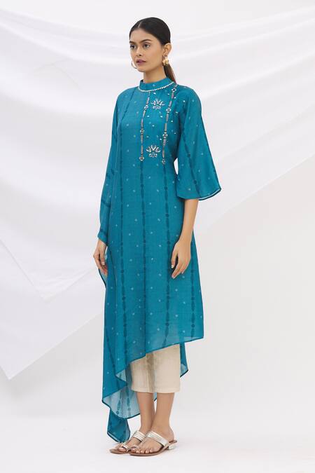 Shop 17:17 By Simmi Saboo Blue Cotton Silk Embroidery Stand Collar Draped Kaftan Kurta Online at Aza Fashions Shop_17:17 By Simmi Saboo_Blue Cotton Silk Embroidery Stand Collar Draped Kaftan Kurta _Online_at_Aza_Fashions