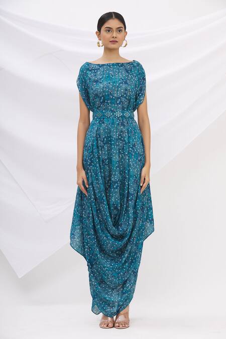 17:17 By Simmi Saboo_Blue Cotton Silk Round Printed Cowl Draped Dress_Online_at_Aza_Fashions