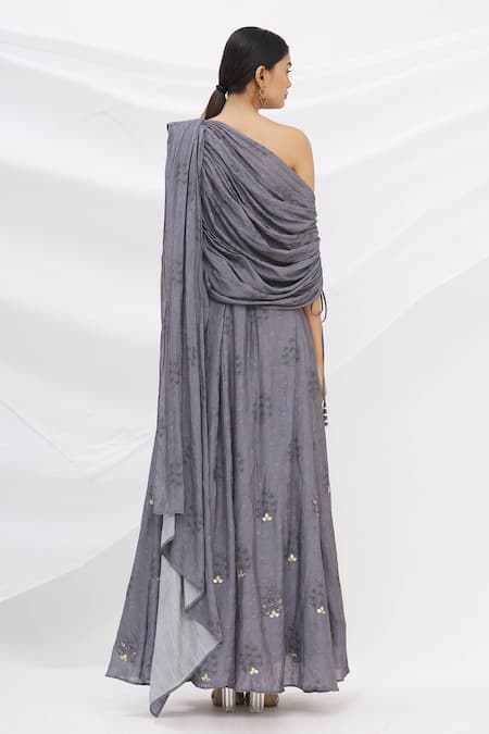 Shop 17:17 By Simmi Saboo Grey Cotton Silk Bandeau Jumpsuit With Drape at Aza Fashions Shop_17:17 By Simmi Saboo_Grey Cotton Silk Bandeau Jumpsuit With Drape _at_Aza_Fashions