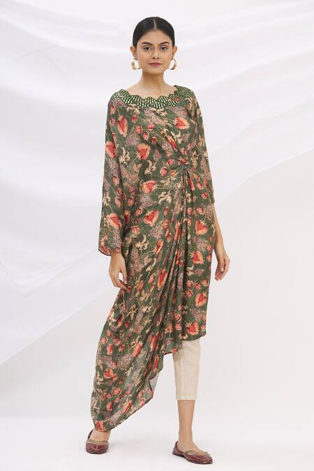 Buy 17:17 By Simmi Saboo Green Cotton Silk Embroidery Round Printed Knotted Kurta Online at Aza Fashions Buy_17:17 By Simmi Saboo_Green Cotton Silk Embroidery Round Printed Knotted Kurta _Online_at_Aza_Fashions