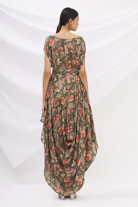 Shop 17:17 By Simmi Saboo Green Cotton Silk Round Printed Cowl Draped Dress at Aza Fashions Shop_17:17 By Simmi Saboo_Green Cotton Silk Round Printed Cowl Draped Dress _at_Aza_Fashions