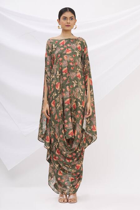 17:17 By Simmi Saboo Green Cotton Silk Round Printed Cowl Draped Dress Online at Aza Fashions 17:17 By Simmi Saboo_Green Cotton Silk Round Printed Cowl Draped Dress _Online_at_Aza_Fashions