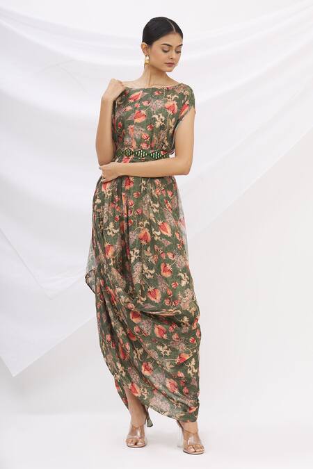 Buy 17:17 By Simmi Saboo Green Cotton Silk Round Printed Cowl Draped Dress Online at Aza Fashions Buy_17:17 By Simmi Saboo_Green Cotton Silk Round Printed Cowl Draped Dress _Online_at_Aza_Fashions