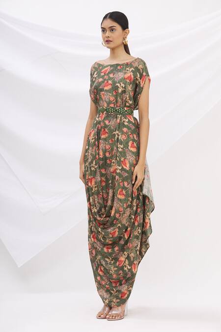 Shop 17:17 By Simmi Saboo Green Cotton Silk Round Printed Cowl Draped Dress Online at Aza Fashions Shop_17:17 By Simmi Saboo_Green Cotton Silk Round Printed Cowl Draped Dress _Online_at_Aza_Fashions