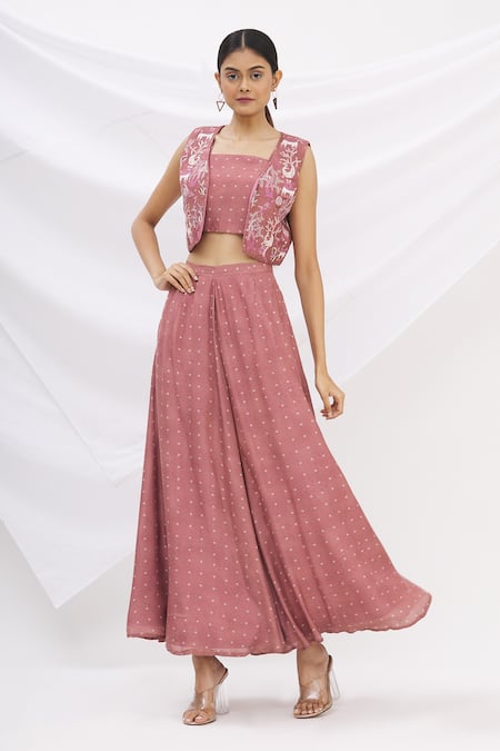 17:17 By Simmi Saboo Pink Cotton Silk Embroidery Square Neck Jacket And Bandhani Gharara Set 