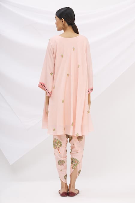 Shop 17:17 By Simmi Saboo Pink Chanderi Silk Embroidery Round Kurta And Dhoti Pant Set at Aza Fashions Shop_17:17 By Simmi Saboo_Pink Chanderi Silk Embroidery Round Kurta And Dhoti Pant Set _at_Aza_Fashions