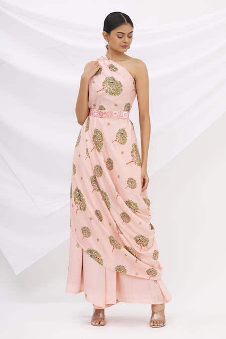 17:17 By Simmi Saboo Pink Chanderi Silk Embroidery Asymmetric Tunic And Pant Set 