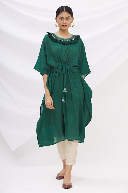 17:17 By Simmi Saboo Green Chanderi Silk Embroidery Round Kaftan Kurta 