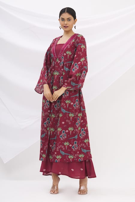 17:17 By Simmi Saboo Maroon Chanderi Silk Square Neck Printed Jacket With Dress 