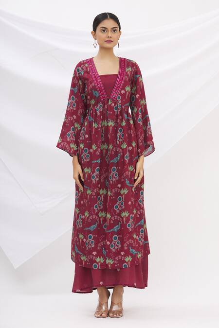 Buy 17:17 By Simmi Saboo Maroon Chanderi Silk Square Neck Printed Jacket With Dress Online at Aza Fashions Buy_17:17 By Simmi Saboo_Maroon Chanderi Silk Square Neck Printed Jacket With Dress _Online_at_Aza_Fashions