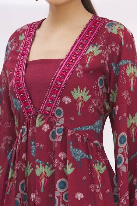17:17 By Simmi Saboo Maroon Chanderi Silk Square Neck Printed Jacket With Dress at Aza Fashions 17:17 By Simmi Saboo_Maroon Chanderi Silk Square Neck Printed Jacket With Dress _at_Aza_Fashions