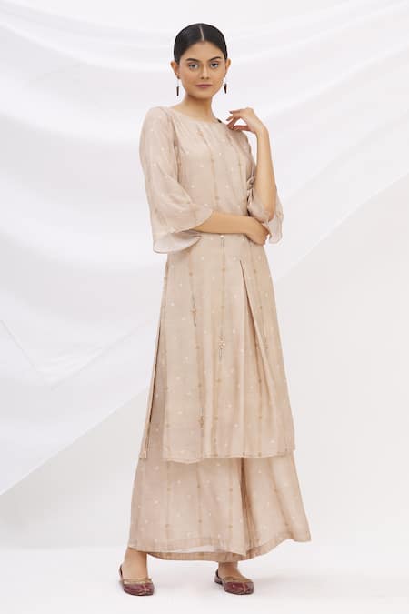 17:17 By Simmi Saboo Beige Cotton Silk Embroidery Round Pleated Kurta And Pant Set 