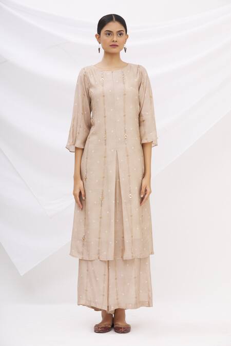 Buy 17:17 By Simmi Saboo Beige Cotton Silk Embroidery Round Pleated Kurta And Pant Set Online at Aza Fashions Buy_17:17 By Simmi Saboo_Beige Cotton Silk Embroidery Round Pleated Kurta And Pant Set _Online_at_Aza_Fashions