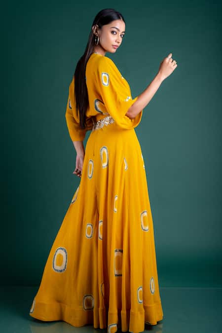 Nupur Kanoi_Yellow Crepe V Neck Tie And Dye Skirt & Kaftan Top_Online_at_Aza_Fashions