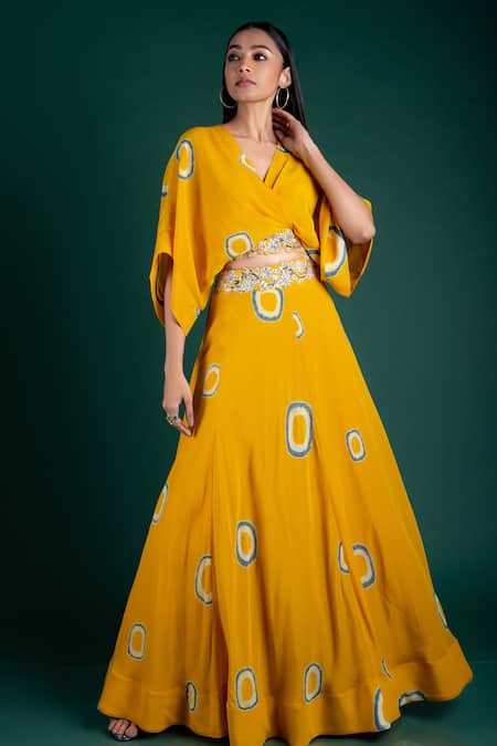 Buy_Nupur Kanoi_Yellow Crepe V Neck Tie And Dye Skirt & Kaftan Top_Online_at_Aza_Fashions