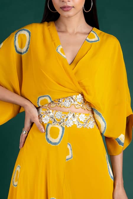 Shop Nupur Kanoi Yellow Crepe V Neck Tie And Dye Skirt & Kaftan Top Online at Aza Fashions Shop_Nupur Kanoi_Yellow Crepe V Neck Tie And Dye Skirt & Kaftan Top_Online_at_Aza_Fashions