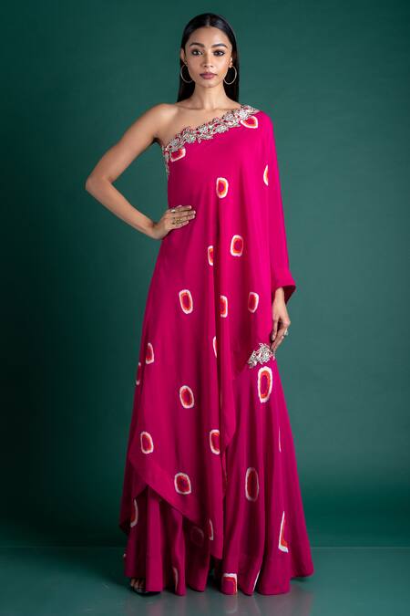 Nupur Kanoi_Pink Crepe One Shoulder Tie And Dye Tunic & Gharara_Online_at_Aza_Fashions