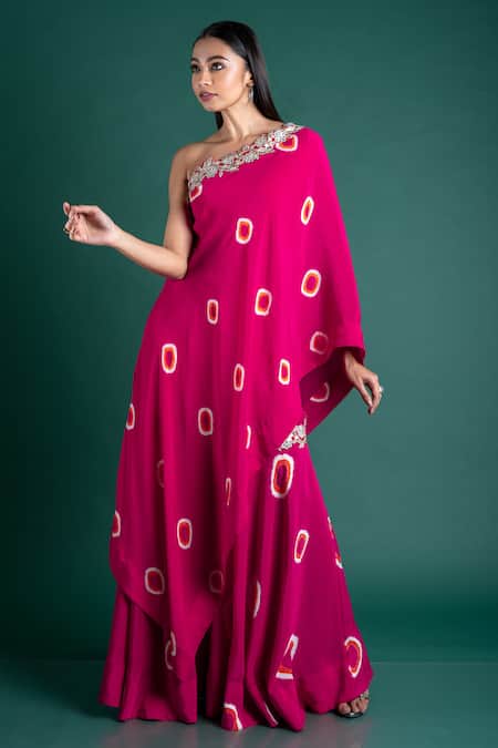 Buy_Nupur Kanoi_Pink Crepe One Shoulder Tie And Dye Tunic & Gharara_Online_at_Aza_Fashions