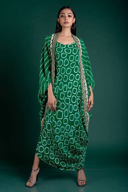 Nupur Kanoi_Green Crepe Scoop Neck Bandhani Dress And Tie & Dye Jacket_Online_at_Aza_Fashions