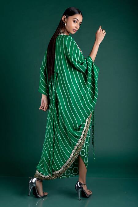 Buy_Nupur Kanoi_Green Crepe Scoop Neck Bandhani Dress And Tie & Dye Jacket_Online_at_Aza_Fashions