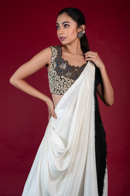 Nupur Kanoi_Black Crepe U Neck Dhoti Saree And Embroidered Blouse_Online_at_Aza_Fashions