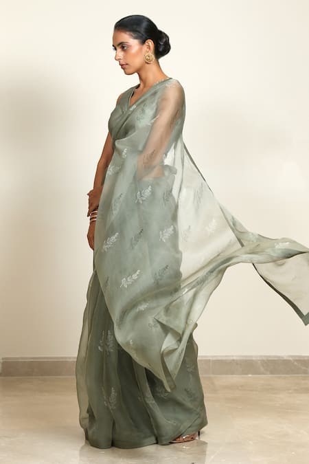 Shiori_Green Silk Organza Printed Saree _Online_at_Aza_Fashions