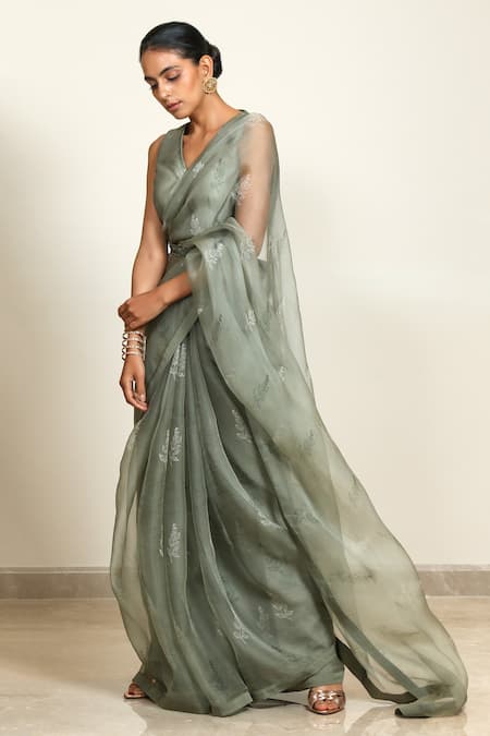 Buy_Shiori_Green Silk Organza Printed Saree _Online_at_Aza_Fashions