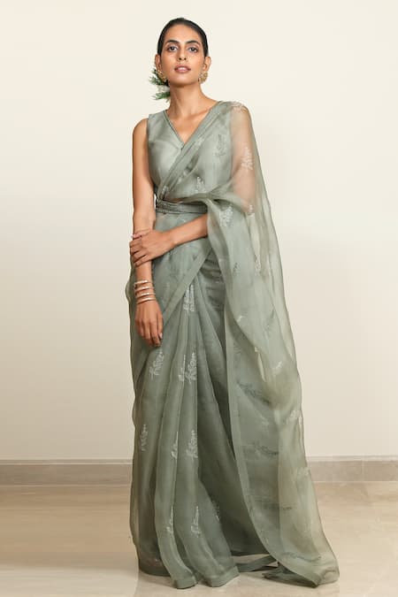Shop_Shiori_Green Silk Organza Printed Saree _Online_at_Aza_Fashions