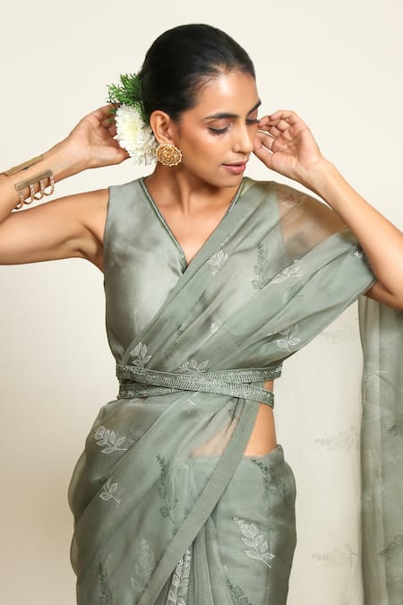 Shiori_Green Silk Organza Printed Saree _at_Aza_Fashions