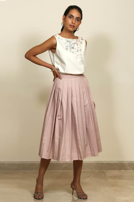 Shiori_Peach Cotton Pleated Skirt_Online_at_Aza_Fashions