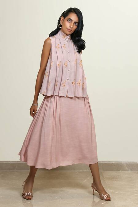 Shiori_Peach Cotton Georgette Pleated Skirt_Online_at_Aza_Fashions