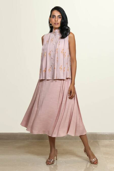 Buy_Shiori_Peach Cotton Georgette Pleated Skirt_Online_at_Aza_Fashions