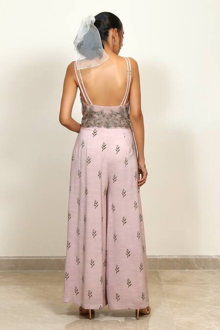 Shop Shiori Pink Cotton Georgette V Neck Printed Jumpsuit at Aza Fashions Shop_Shiori_Pink Cotton Georgette V Neck Printed Jumpsuit_at_Aza_Fashions