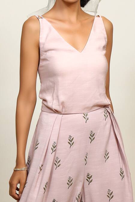 Shop Shiori Pink Cotton Georgette V Neck Printed Jumpsuit Online at Aza Fashions Shop_Shiori_Pink Cotton Georgette V Neck Printed Jumpsuit_Online_at_Aza_Fashions