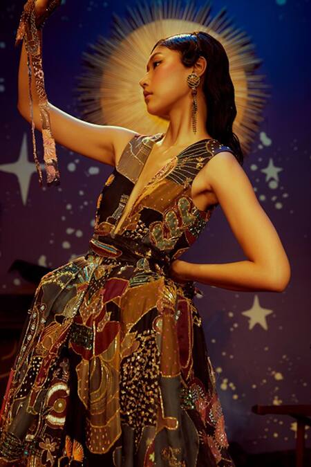 Buy_Aisha Rao_Multi Color Organza V Neck Embellished Gown _Online_at_Aza_Fashions