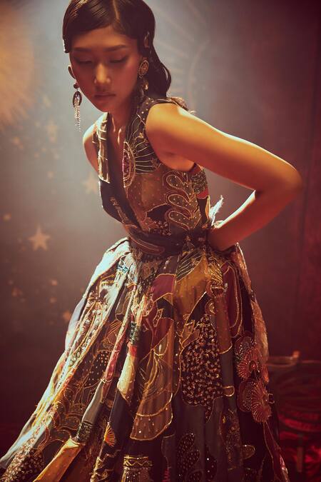 Shop_Aisha Rao_Multi Color Organza V Neck Embellished Gown _Online_at_Aza_Fashions