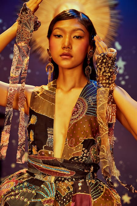 Aisha Rao_Multi Color Organza V Neck Embellished Gown _at_Aza_Fashions