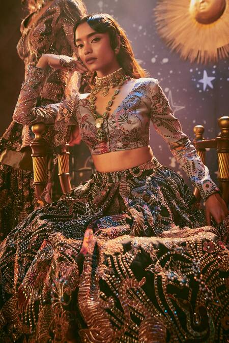Aisha Rao Multi Color Satin Organza V Neck Embroidered Blouse And Lehenga Set Online at Aza Fashions Aisha Rao_Multi Color Satin Organza V Neck Embroidered Blouse And Lehenga Set _Online_at_Aza_Fashions