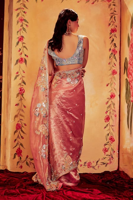 Shop_Aisha Rao_Pink Organza V Neck Embellished Saree With Blouse _at_Aza_Fashions