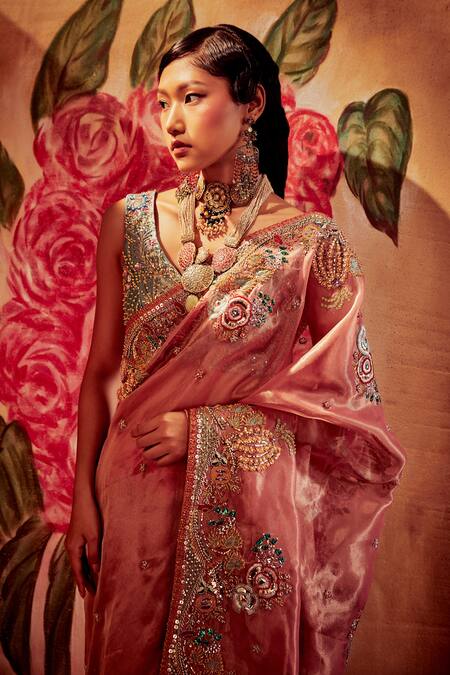 Aisha Rao_Pink Organza V Neck Embellished Saree With Blouse _Online_at_Aza_Fashions
