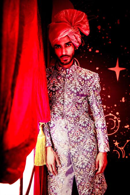 Aisha Rao_Purple Tissue, Dupion Embroidered Sherwani Set _Online_at_Aza_Fashions