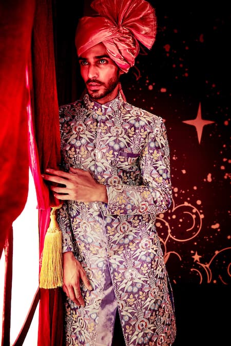 Buy_Aisha Rao_Purple Tissue, Dupion Embroidered Sherwani Set _Online_at_Aza_Fashions