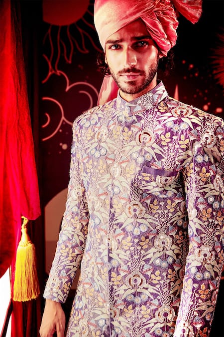 Shop_Aisha Rao_Purple Tissue, Dupion Embroidered Sherwani Set _Online_at_Aza_Fashions